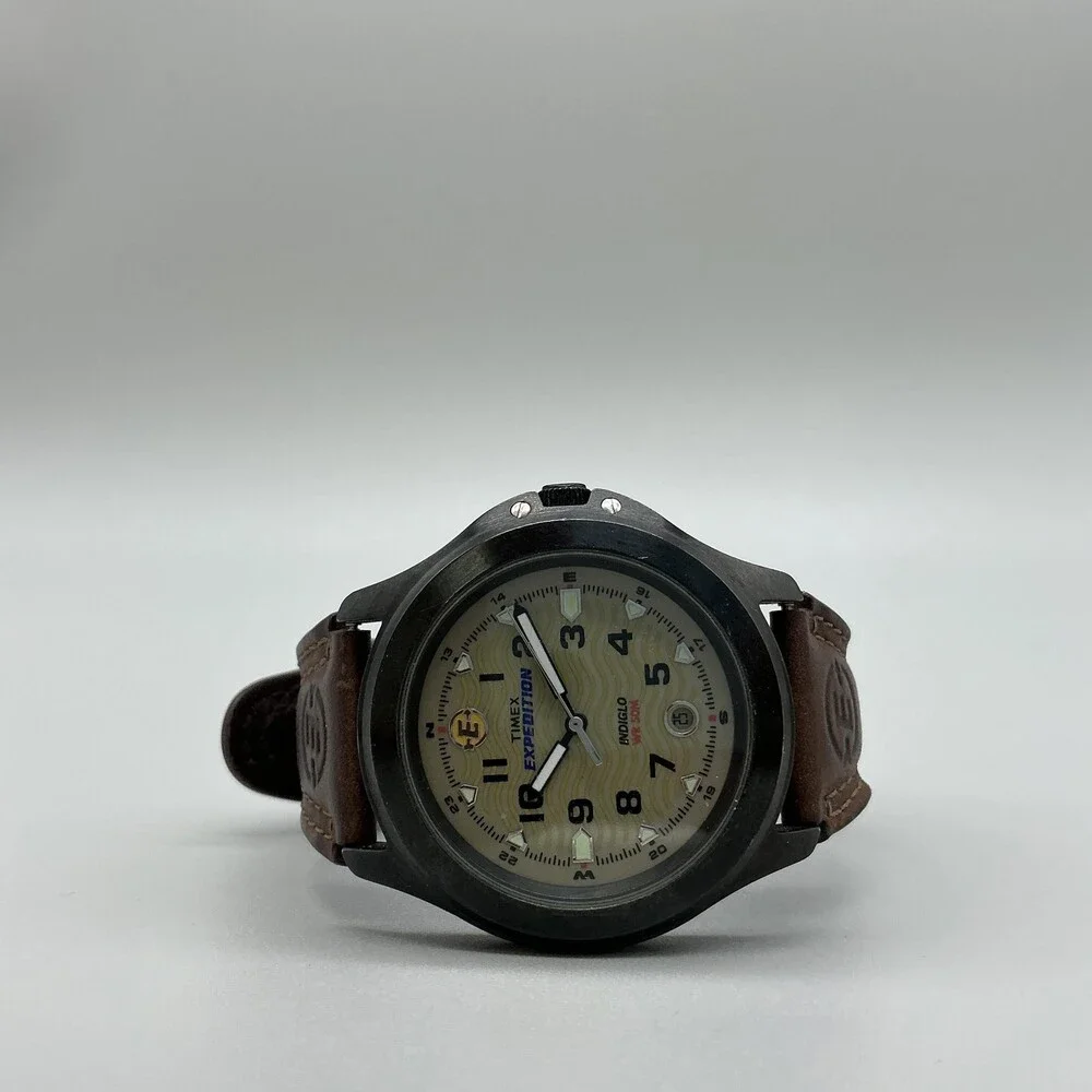 Timex Expedition Indiglo Mens Watch 40mm Beige Dial Date Leather New Battery